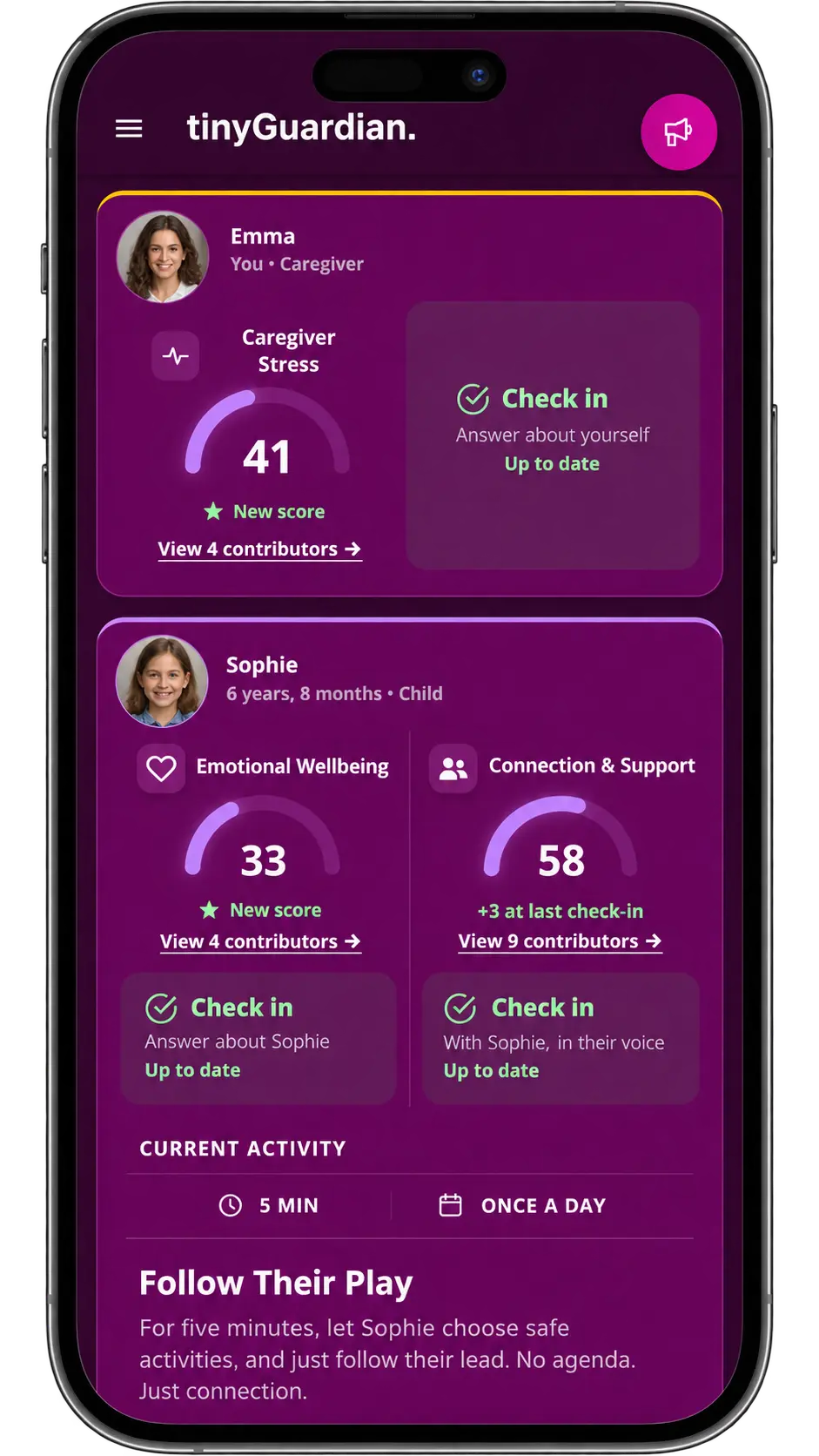 Family connection dashboard in the tinyGuardian app